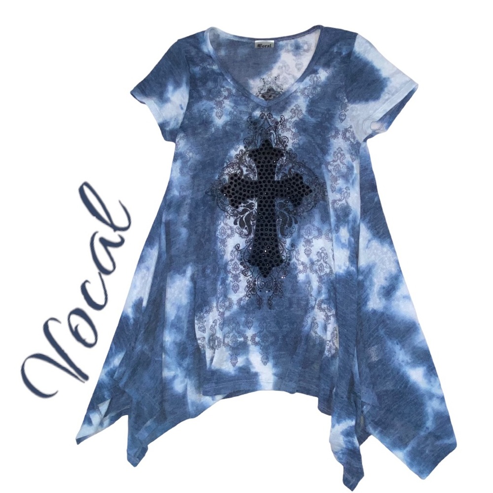 VOCAL Cross Embellished Tye Dye Knit Tunic Top - Women’s M